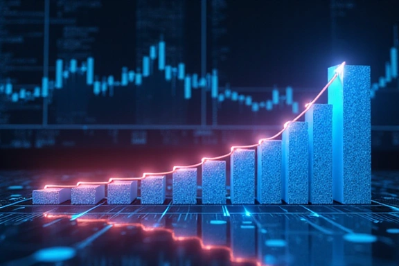 Grafico a barre stilizzato che mostra il miglioramento delle prestazioni, con elementi di interfaccia utente sullo sfondo.