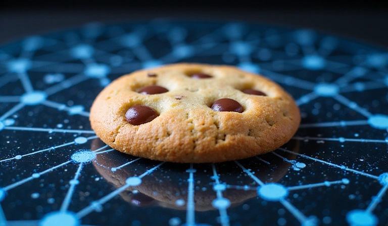 Illustrazione di un biscotto digitale che rappresenta un cookie, con dati che fluiscono da esso verso un computer.