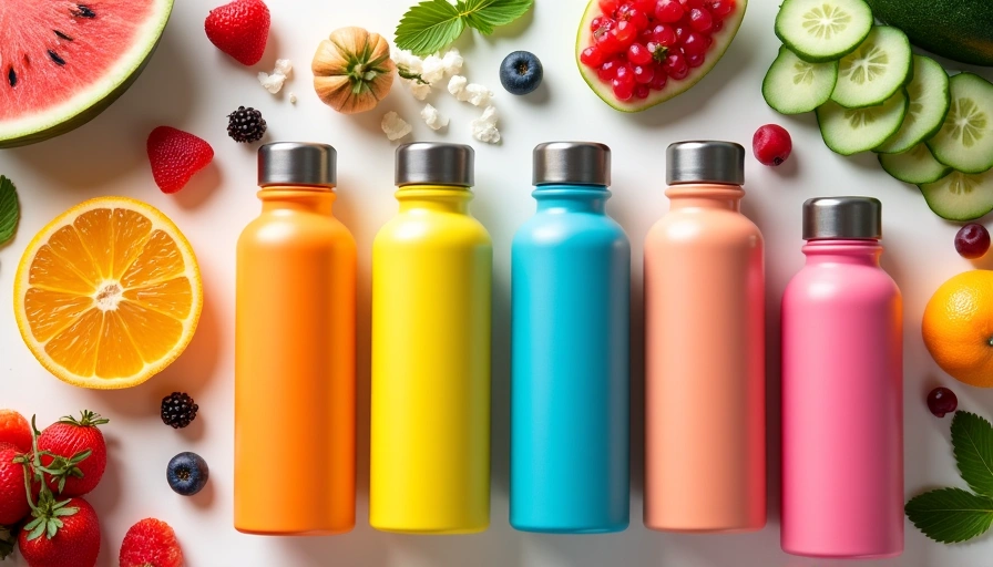 Diverse borracce colorate e una varietà di frutta e verdura fresca, che simboleggiano modi salutari per rimanere idratati.