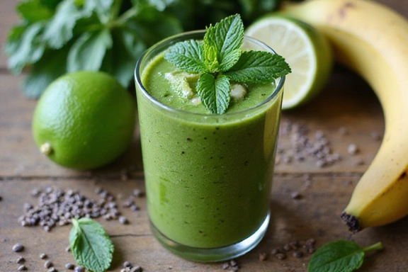 Frullato verde energetico con ingredienti freschi come spinaci, banana e semi di chia.