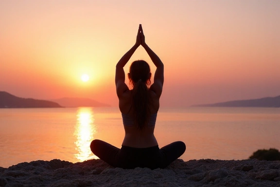 Persona che pratica yoga all'alba in un ambiente naturale rilassante.